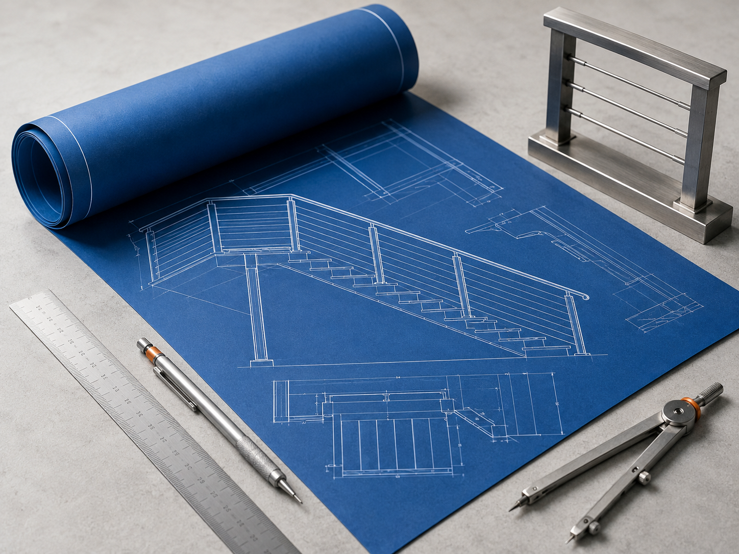 Professional fabrication blueprint with precision drafting tools